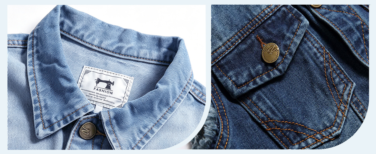 HRYCDENNB denim vest detail banner — wash label and pocket with copper metal button