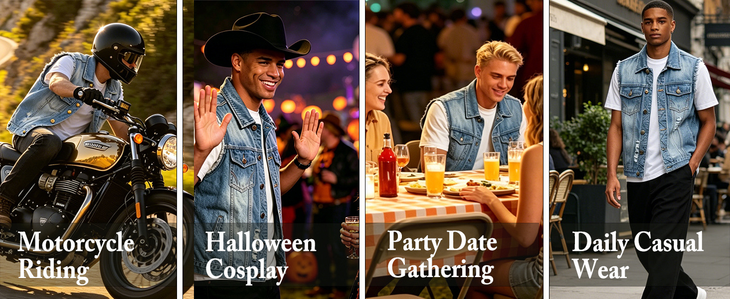 HRYCDENNB denim vest styled for four scenes: motorcycle riding, Halloween cosplay, party gatherings and daily casual wear
